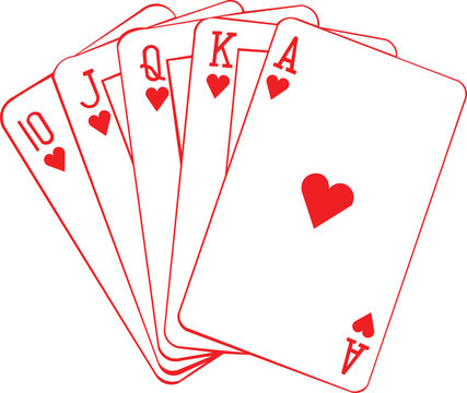 Cartoon Black and White Isolated Illustration Vector Of A Royal Flush Of Hearts Poker Hand
