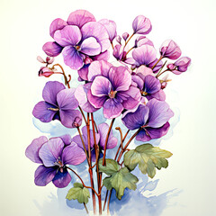 Bouquet of purple pansy flowers. Watercolor illustration.