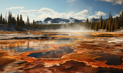 Realistic landscape of Yellowstone Park on a sunny day.