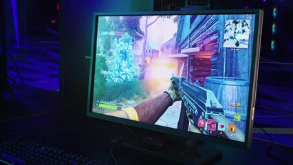 Animation of the modern mockup battle royale gaming simulator stream. Streaming the animation of the mockup action computer game. Streaming the mockup animation of the fake shooter video game.