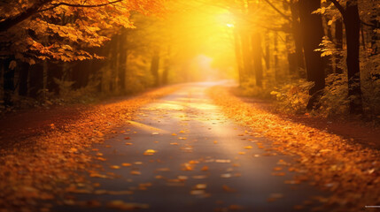Autumn blurred road landscape. Autumn mystical forest road in autumn leaves background