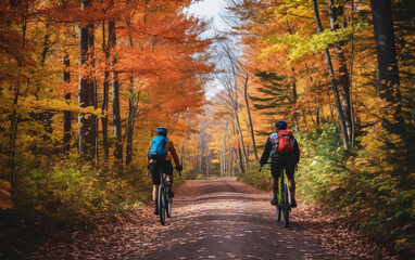 Fototapeta premium Wellness and sport activity in autumn, Two cyclists riding along an autumn forest road, back view
