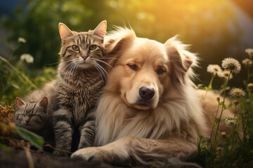 Cat and dogs together outdoors. Fluffy friends