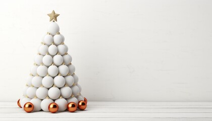 Deco Christmas tree made of white Christmas baubles and a golden star on top, a few bronze baubles at the bottom, white background, copy space