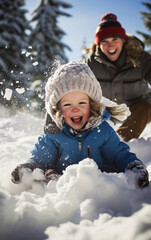Winter wellness and activity, Happy family father and daughters made a snowman