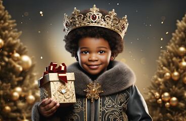 niño vestido de rey mago de oriente Baltasar sosteniendo un paquete dorado en la mano, sobre fondo de árboles de navidad decorados