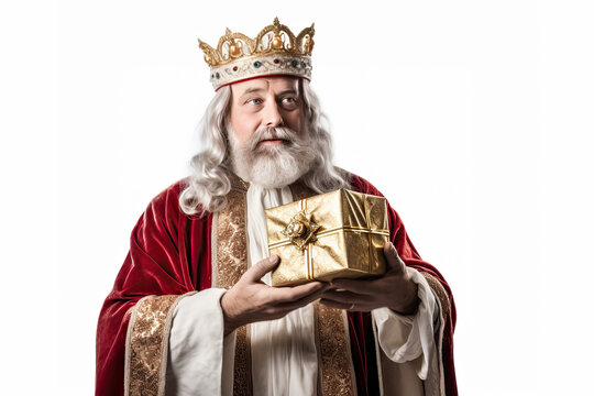rey mago de oriente Melchor sosteniendo un paquete regalo entre las manos dorado, sobre fondo blanco