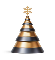 Gold and black Christmas tree in abstract cone shape. New Year's decoration isolated on transparent background. 3D render