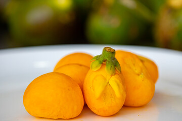 Typical ripe pequi fruit (caryocar brasiliense) in fine details and selective focus. Typical fruit from the Brazilian cerrado bioama.