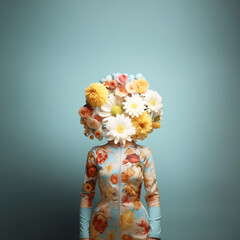 Fototapeta premium a woman wearing a dress with floral print, with a bunch of flowers instead of head. Surreal spring or Valentine concept. Generative AI