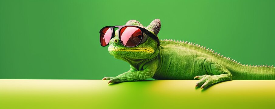 Generative AI image of  a copy space banner of chameleon wearing sunglasses
