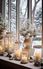 Winter still life, Candles, pine cone and dried flowers in the living room by the window