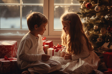 Boy and girl, Christmas tree, Christmas time, cute kids, Christmas morning, cinematic photo,...