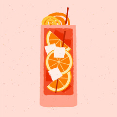 Non-alcoholic cocktail glass. Cold alcohol drink with orange and ice cubes. Tall glass for liquid with citrus. Mocktail in Collin Highball glass. Vector illustration with texture. Red beverage for bar