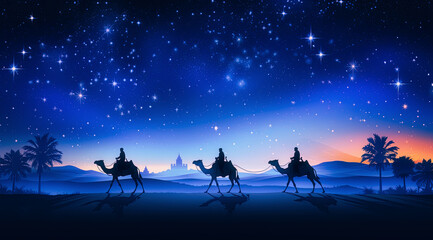 fondo dibujado con siluetas de los reyes magos de oriente sobre sus camellos cabalgando por el desierto en una noche con el cielo estrellado - obrazy, fototapety, plakaty