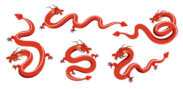 Red Dragon illustrations collection. Chinese new year 2024 year of the dragon - red traditional Chinese designs with dragons. Lunar new year concept, modern design