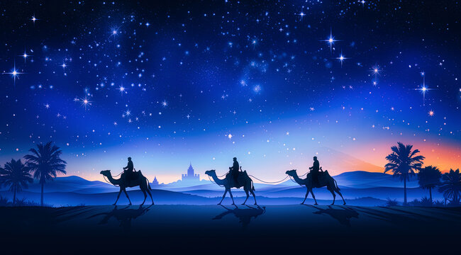 fondo dibujado con siluetas de los reyes magos de oriente sobre sus camellos cabalgando por el desierto en una noche con el cielo estrellado