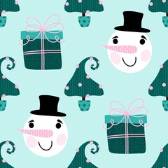 Cartoon winter seamless pattern with Christmas tree packaging and new year