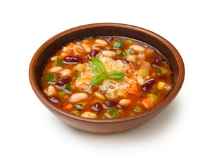 Italian minestrone soup in a brown tarracotta soup bowl isolated on a white background. - 684367562