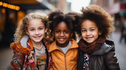 children of different nationalities study together at school, diversity, child, kid, schoolboy, education, kindergarten, friends, European, African American, girl, boy playing, smile, portrait