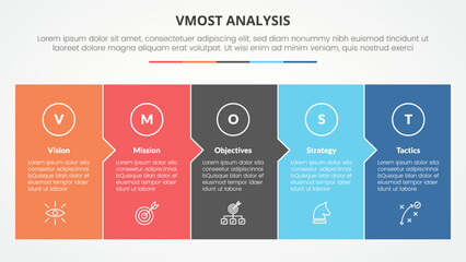 vmost analysis template infographic concept for slide presentation with big box fullpage small arrow direction with 5 point list with flat style