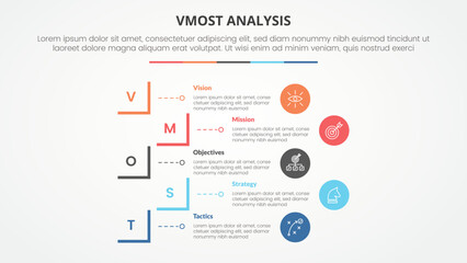 vmost analysis template infographic concept for slide presentation with creative square cut rectangle outline with 5 point list with flat style - obrazy, fototapety, plakaty