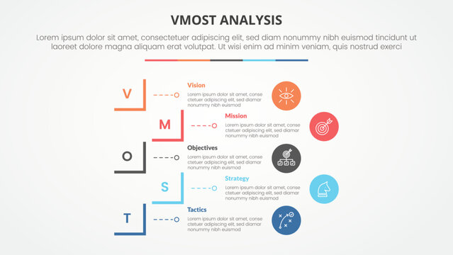 vmost analysis template infographic concept for slide presentation with creative square cut rectangle outline with 5 point list with flat style