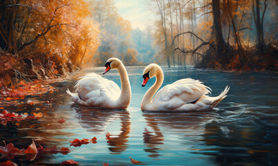 Swans on the lake in the autumn park. - Powered by Adobe