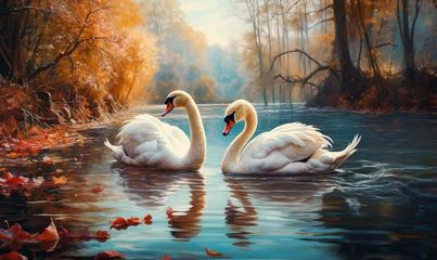Foto op Canvas Swans on the lake in the autumn park. © Andreas