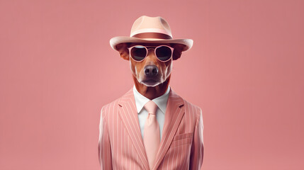 A dog standing on two legs in a pink elegant suit. Abstract, creative, illustrated, minimal portrait of a animal dressed up as a man in elegant clothes.