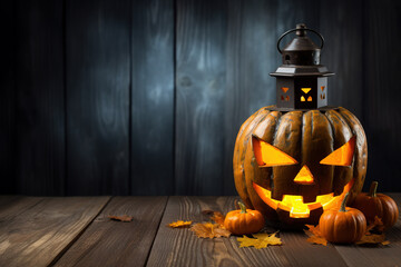 Halloween pumpkin with lantern on old wooden, copy space