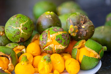 Typical ripe pequi fruit (caryocar brasiliense) in fine details and selective focus. Typical fruit from the Brazilian cerrado bioama.