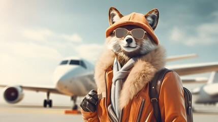 A fox has packed her bag and is ready to travel to some exotic destination. Minimal travel concept. Time for summer.