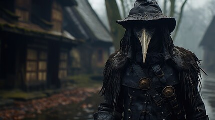 Obraz premium Plague doctor, pestilence, contagion epidemic, middle age, bubonic fever, black death, protective suit, dangerous disease