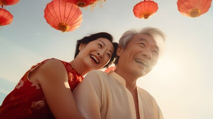 a middle-aged couple joyfully embraces the Lunar New Year, blending traditions with coastal bliss