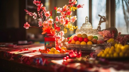 exquisite decor and traditional dishes celebrating the chinese new year - obrazy, fototapety, plakaty