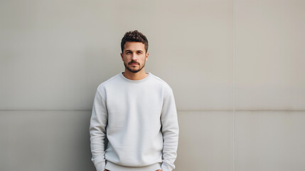 Man poses near a light wall in a gray sweatshirt. Gestures. Emotion. Casual wear. Studio model at work. Space for text and logo. Generated AI