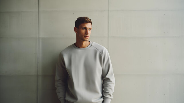 Man poses near a light wall in a gray sweatshirt. Gestures. Emotion. Casual wear. Studio model at work. Space for text and logo. Generated AI