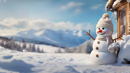 Obraz premium snowman wearing a hat and scarf on snow and sunny winter snowy forest. Copy Space Merry Christmas background