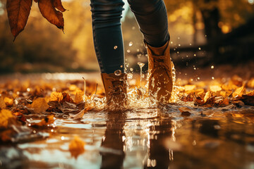In the autumn rain, the feet of a young woman walking in a puddle with beautiful autumn leaves fell into the water. Autumn mood. macro - obrazy, fototapety, plakaty