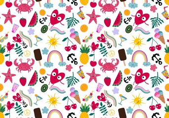 Summer cartoon doodle seamless rainbow and crabs and cherry and ice cream pattern for wrapping paper