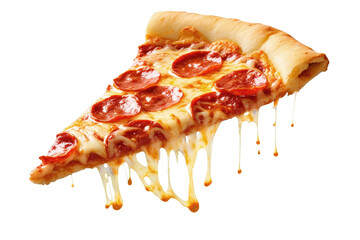 A hot pizza slice with dripping melted cheese - obrazy, fototapety, plakaty
