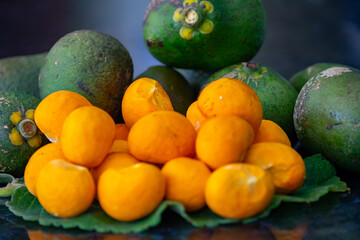 Typical ripe pequi fruit (caryocar brasiliense) in fine details and selective focus. Typical fruit from the Brazilian cerrado bioama.