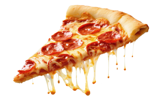 A hot pizza slice with dripping melted cheese