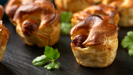 Mini Toad in the hole, Baked sausages in Yorkshire pudding with gravy