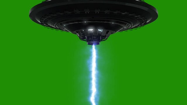 Flying UFO with a laser on a green background