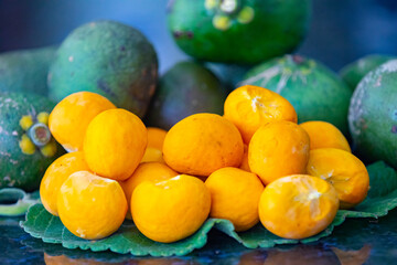 Typical ripe pequi fruit (caryocar brasiliense) in fine details and selective focus. Typical fruit from the Brazilian cerrado bioama.