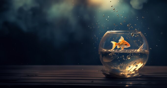 Generative AI image of a goldfish sitting on the edge of a goldfish bowl with water splashing