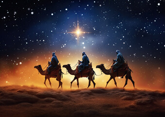 3 reyes magos de oriente sobre sus camellos cabalgando por el desierto de una noche siguiendo la estrella de Belen. Tradicion española para los niños  el 5 y seis de enero