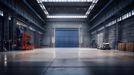 Fototapeta premium An empty warehouse with a forklift in the background